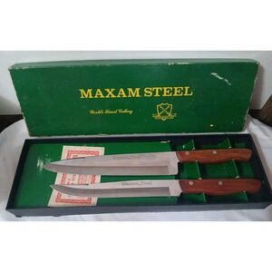 Vtg Maxam Steel Kitchen Knife Box Set Carving Chef's Meat Wood Handle 8" 9" READ